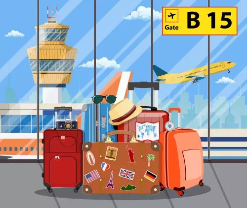 وکتور EPS لایه باز طرح گرافیکی هواپیما در حال پریدن و چمدان و کلاه و عینک 22000