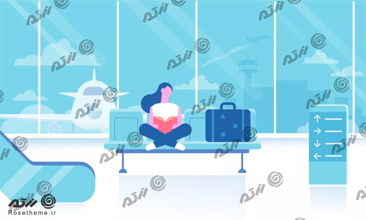 وکتور EPS لایه باز طرح گرافیکی دختری در فرودگاه در حال انتظار و هواپیما در پشت سرش 22001