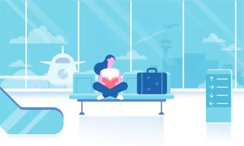 وکتور EPS لایه باز طرح گرافیکی دختری در فرودگاه در حال انتظار و هواپیما در پشت سرش 22001