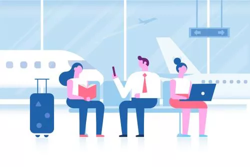 وکتور EPS لایه باز طرح گرافیکی 3 نفر در فرودگاه در حال انتظار و هواپیما در پشت سرش 22004