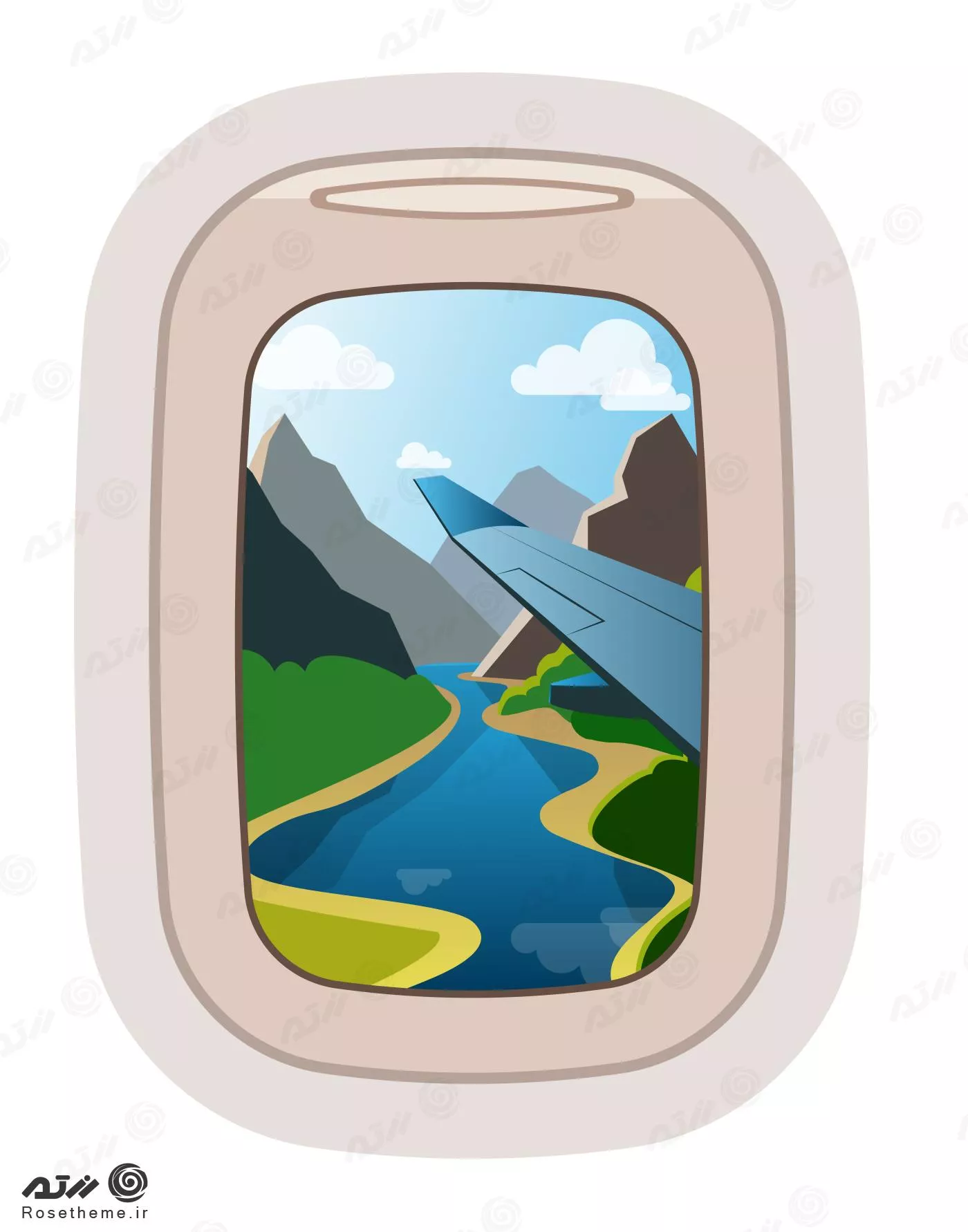 وکتور EPS لایه باز طرح گرافیکی پنجره هواپیما با منطره کوه و رودخانه و ابر 22014