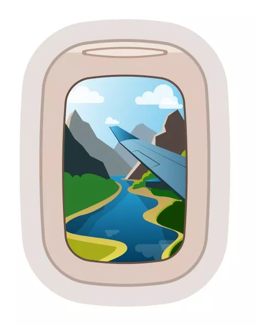 وکتور EPS لایه باز طرح گرافیکی پنجره هواپیما با منطره کوه و رودخانه و ابر 22014