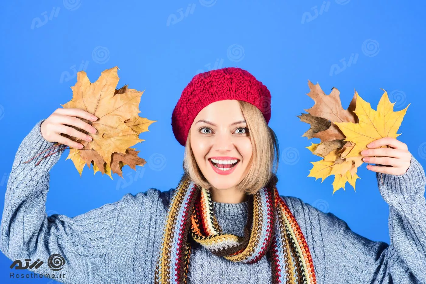 تصویر زمینه دختر درحال لبخند زدن با برگ های افرا پاییزی نارنجی با کیفیت فوق العاده با زمینه آبی 22020