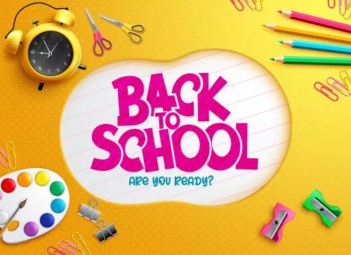 وکتور EPS لایه باز بازگشت به مدرسه به همراه لوازم تحریر  شامل مدادرنگی و ساعت و تراش و آبرنگی و قیچی مناسب لندیگ پیج یا بنر وبسایت یا پوستر 22117