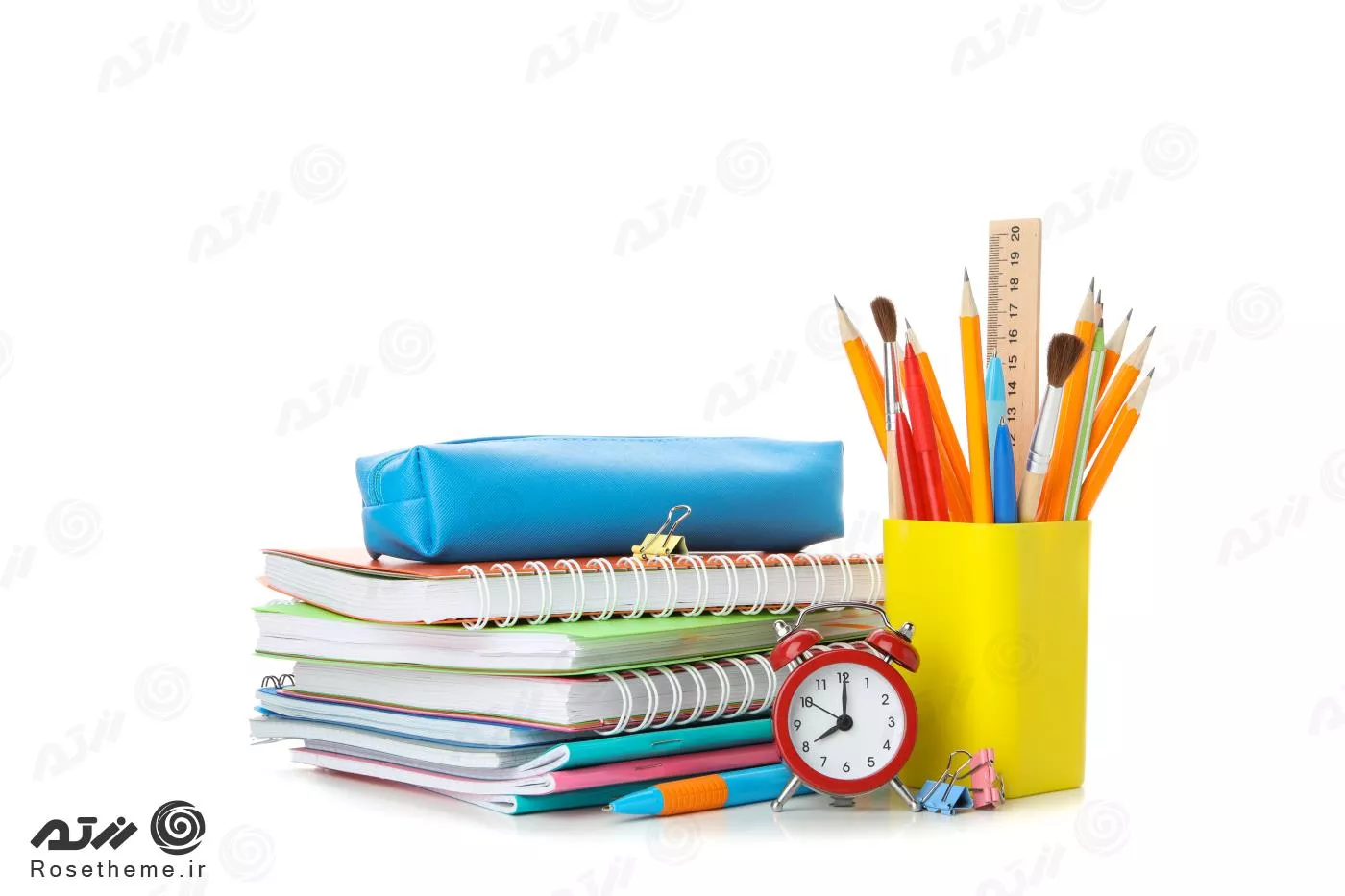 عکس JPG باکیفیت مناسب مدرسه شامل لوازم تحریر شامل دفتر و جامدادی و مداد و خطکش و ساعت  22135