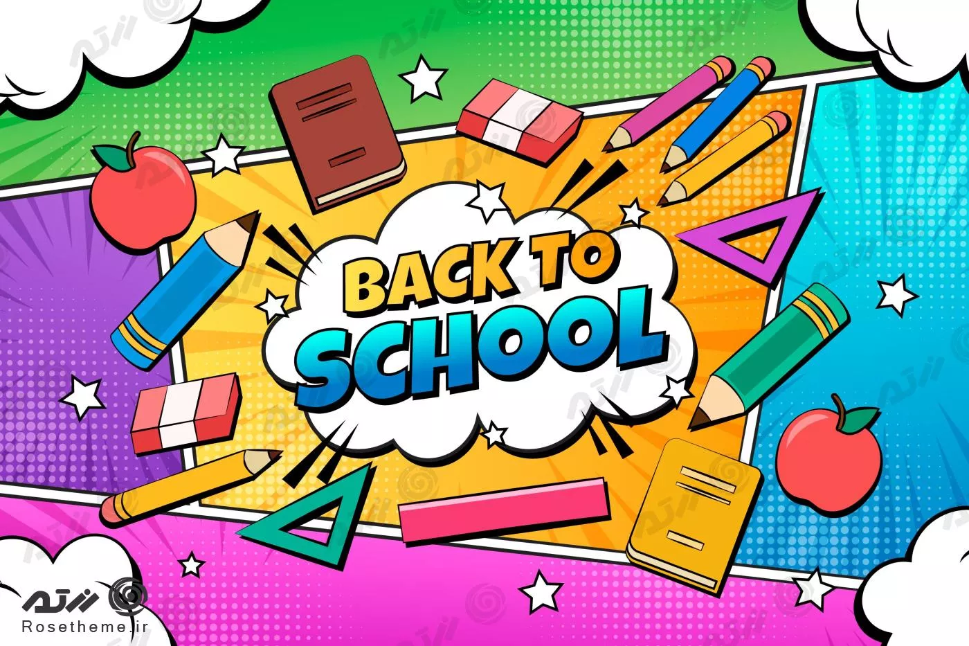 وکتور رایگان EPS و Ai لایه باز بازگشت به مدرسه به همراه لوازم تحریر رنگی مناسب بنر یا پوستر 22146