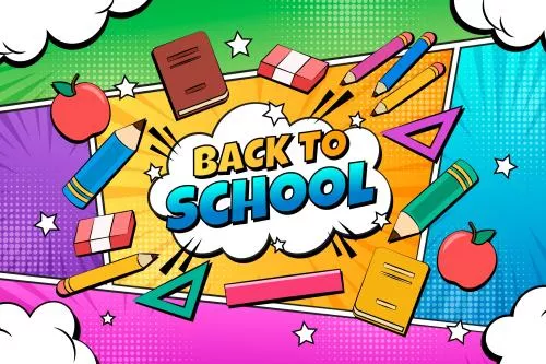 وکتور رایگان EPS و Ai لایه باز بازگشت به مدرسه به همراه لوازم تحریر رنگی مناسب بنر یا پوستر 22146