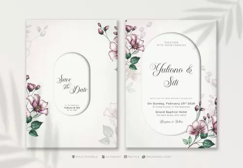 فایل PSD قالب پی‌اس‌دی دعوتنامه عروسی شیک با گل آبرنگی 30895