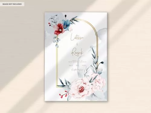 فایل PSD قالب کارت دعوت عروسی با گل‌های قرمز و آبی و قاب گلبرگ آبرنگی 30907