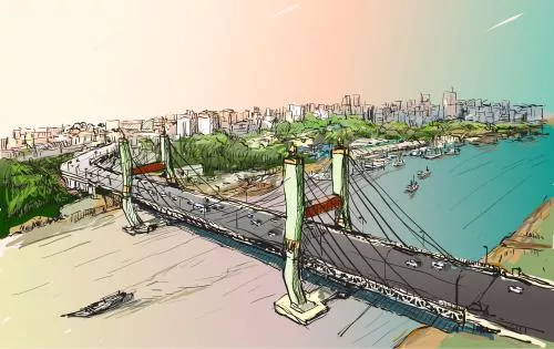 وکتور EPS طراحی دست آزاد اسکچ از نمای بالای شهر یانگون میانمار با پل مهند باندول 31030