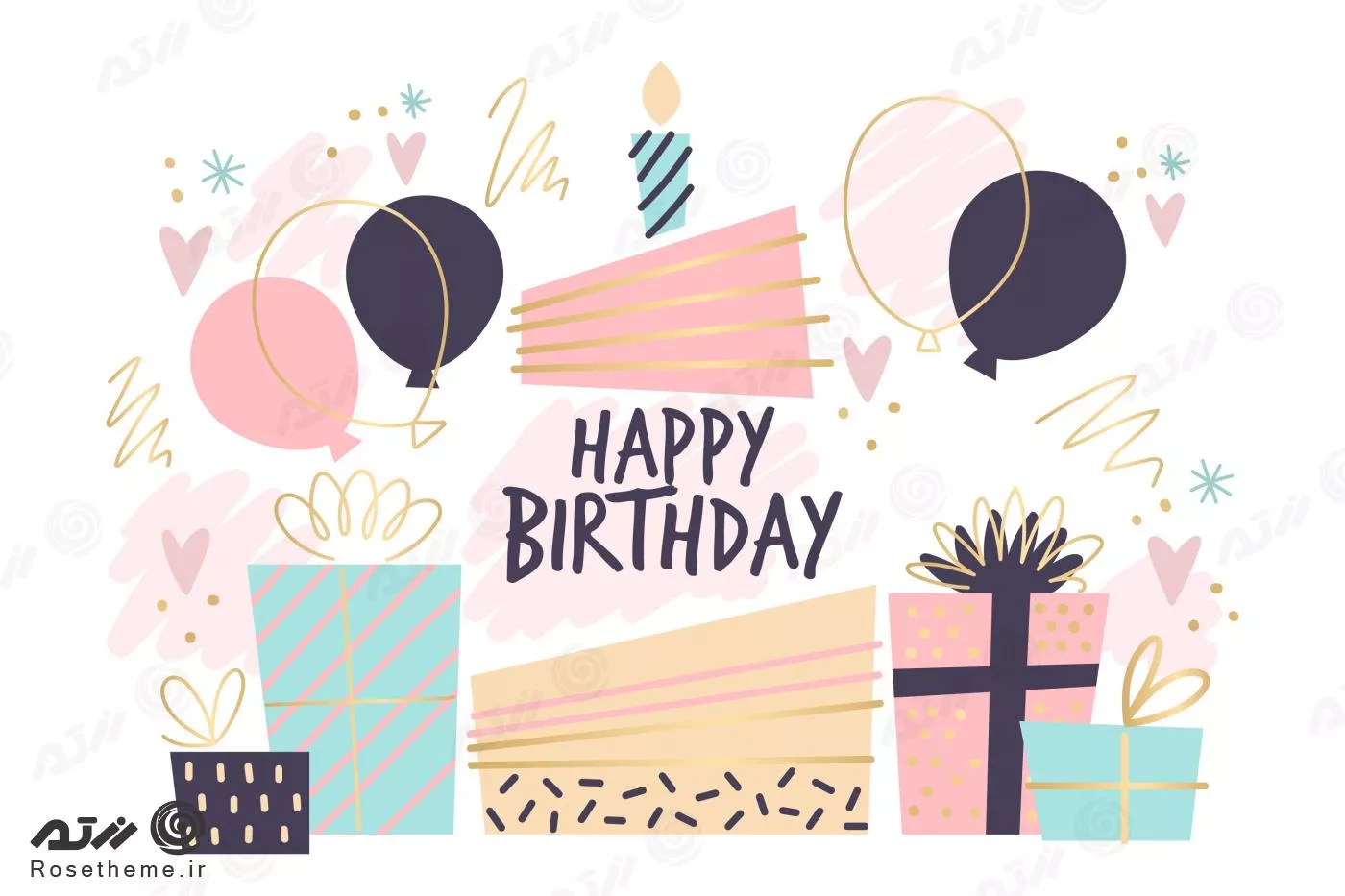 وکتور رایگان EPS و Ai لایه باز تبریک تولد (تولدت مبارک) به همراه بادکنک و هدیه های رنگی 21648