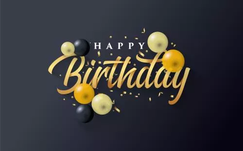 وکتور EPS لایه باز تبریک تولد (تولدت مبارک) به همراه بادکنک های طلایی و زرد و مشکی با پس زمینه مشکی 21649