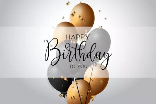 وکتور EPS لایه باز تبریک تولد (تولدت مبارک) به همراه بادکنک های طلایی و مشکی با پس زمینه طوسی 21651