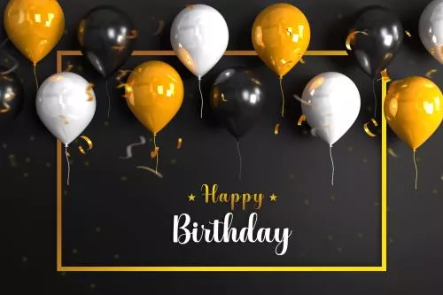 فایل PSD لایه باز تبریک تولد (تولدت مبارک) به همراه بادکنک های سفید و طلایی و مشکی با پس زمینه مشکی 21653