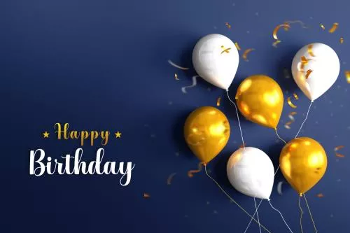 فایل PSD لایه باز تبریک تولد (تولدت مبارک) به همراه بادکنک های طلایی و سفید با پس زمینه آبی تیره 21655