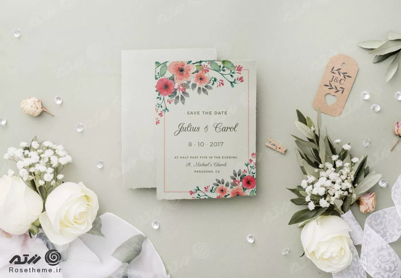 موکاپ کارت دعوت عروسی از نمای بالا به همراه دسته گل عروس فایل PSD لایه باز 22273