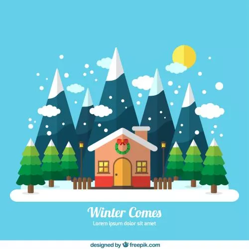 وکتور رایگان EPS و Ai لایه باز از خانه ای در زمستان و دانه های برف و درختان کاج  22283