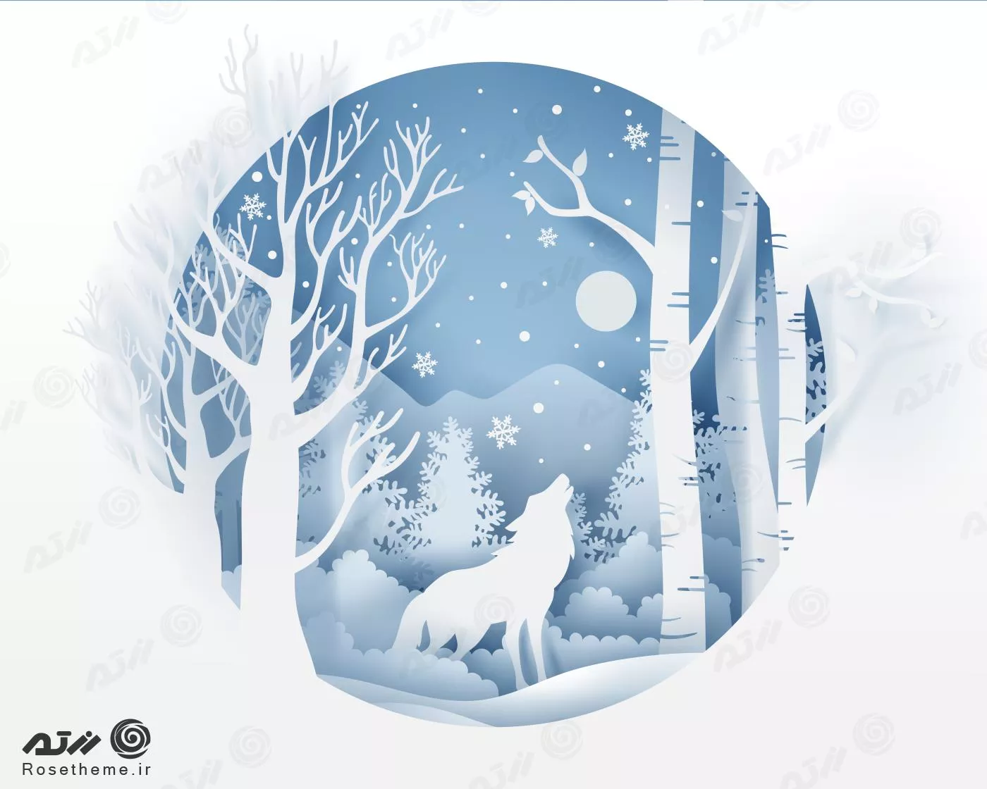 وکتور EPS لایه باز از زمستان و گرگی در حال زوزه کشیدن و دانه های برف و درختان کاج  22284