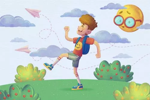 وکتور رایگان EPS و Ai لایه باز آبرنگی پسری در حال رفتن به مدرسه با کوله پشتی 22317