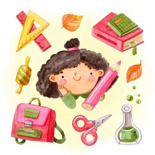 وکتور EPS و Ai لایه باز آبرنگی بازگشت به مدرسه شامل دختری با لوازم تحریر شامل کوله پشتی و قیچی و خطکش و دفتر و مداد 22319
