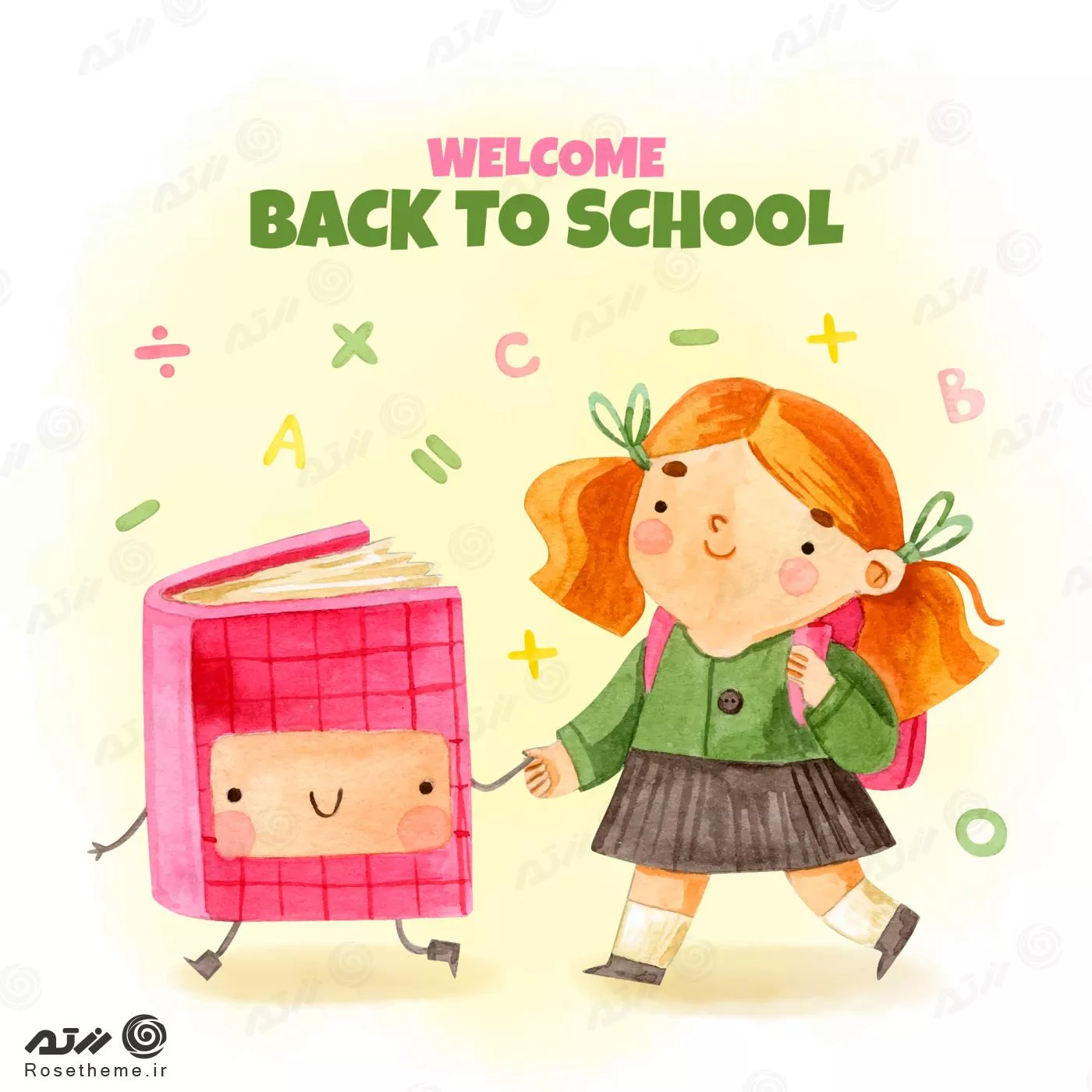 وکتور EPS و Ai لایه باز آبرنگی بازگشت به مدرسه شامل دختری در حال راه رفتن با کتاب  22320