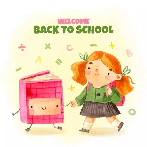 وکتور EPS و Ai لایه باز آبرنگی بازگشت به مدرسه شامل دختری در حال راه رفتن با کتاب  22320