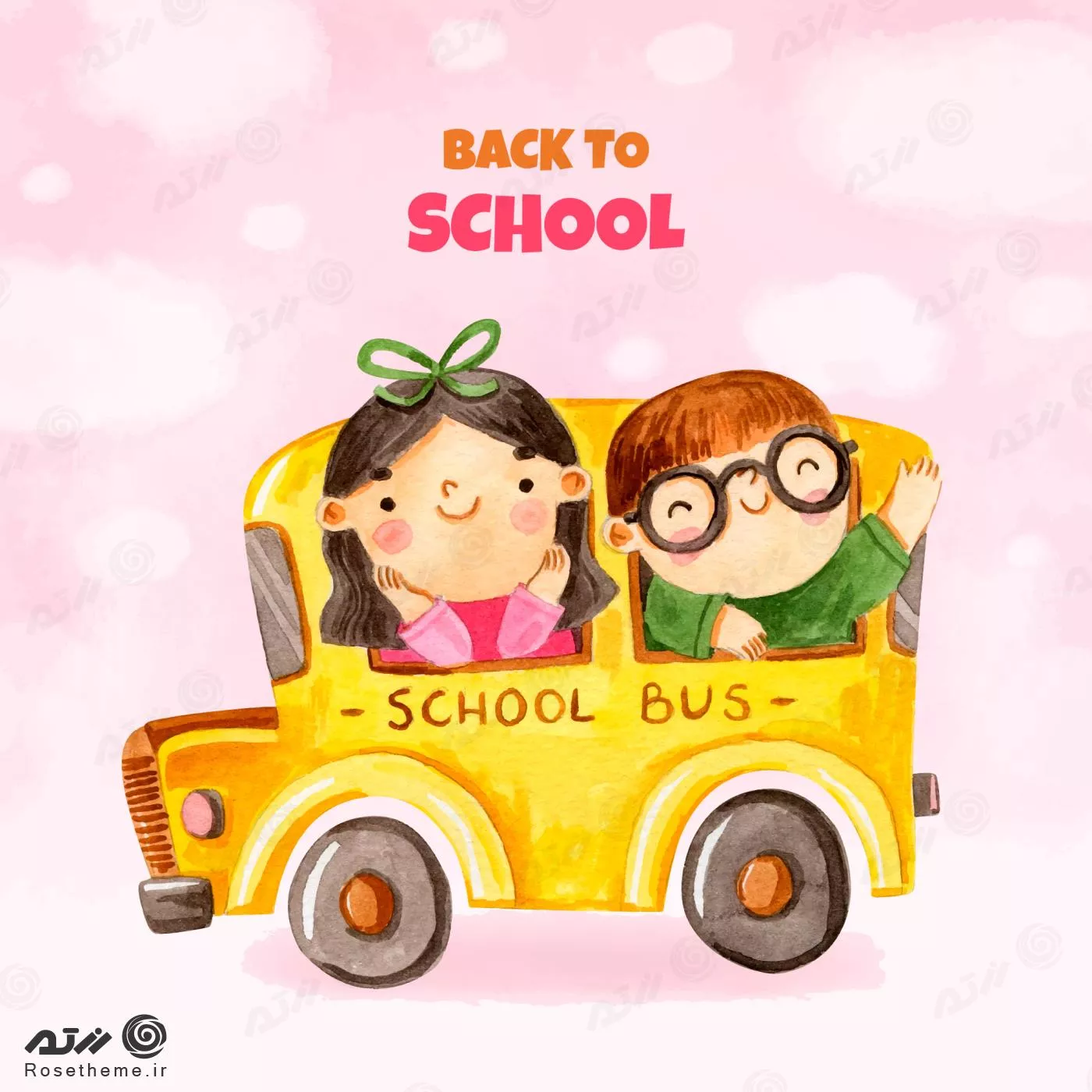 وکتور رایگان EPS و Ai لایه باز آبرنگی بازگشت به مدرسه شامل دختر و پسری در اتوبوس مدرسه 22321