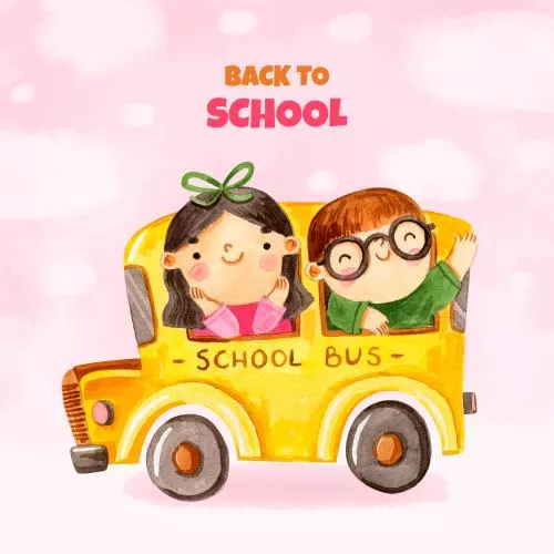وکتور رایگان EPS و Ai لایه باز آبرنگی بازگشت به مدرسه شامل دختر و پسری در اتوبوس مدرسه 22321