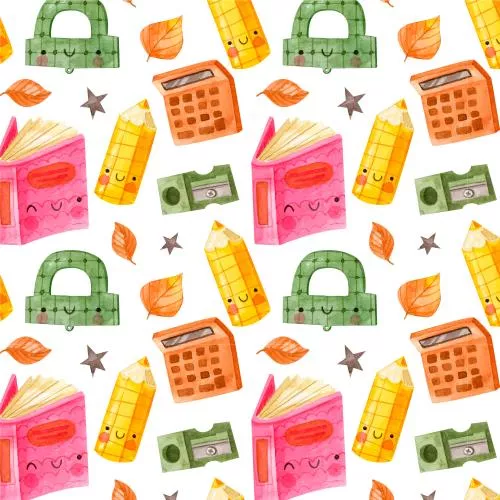 وکتور رایگان EPS و Ai لایه باز پترن تکرار شونده آبرنگی بازگشت به مدرسه شامل نقاله و دفتر و مداد و تراش 22324