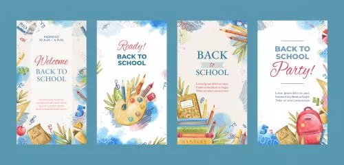 وکتور EPS و Ai قالب استوری لایه باز آبرنگی بازگشت به مدرسه  شامل کوله پشتی و لوازم تحریر مثل آبرنگ 22325