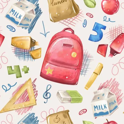 وکتور EPS و Ai لایه باز پترن تکرار شونده آبرنگی بازگشت به مدرسه شامل لوازم تحریر  و کوله پشتی و خطکش و پاکن و ماژیک 22326