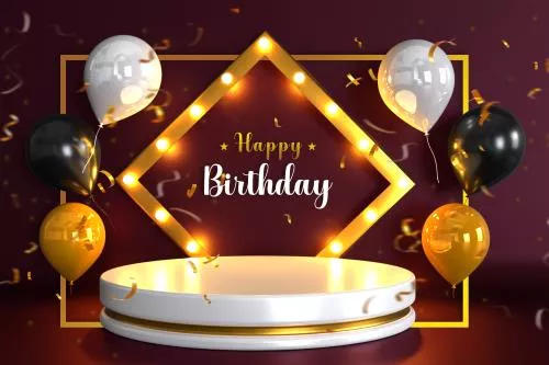 فایل PSD لایه باز تبریک تولد (تولدت مبارک) به همراه بادکنک های سفید و طلایی و مشکی براق 21678