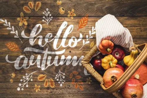 موکاپ متن پاییزی پاییز با سبد پیک نیک پر از سبزیجات فایل PSD لایه باز رایگان 21765