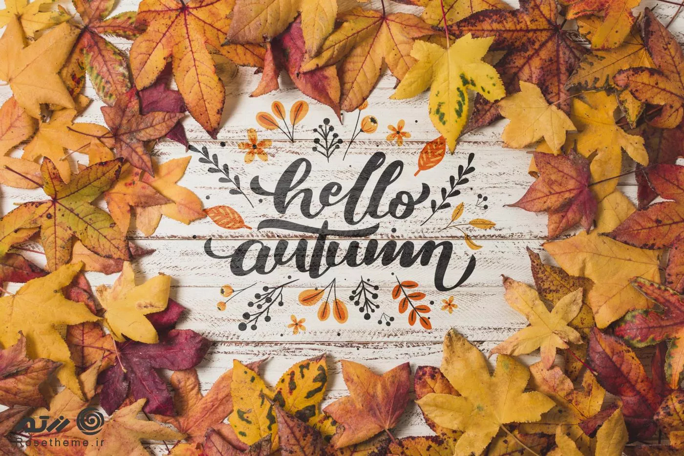 موکاپ پاییزی متن به همراه برگ های پاییزی قرمز و نارنجی و قرمز از نمای بالا فایل PSD لایه باز 21766