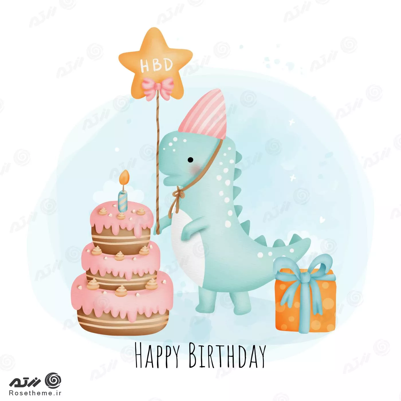 وکتور EPS لایه باز آبرنگی و بچه گانه تبریک تولد شامل دایناسور و کیک تولد و جعبه هدیه 21807