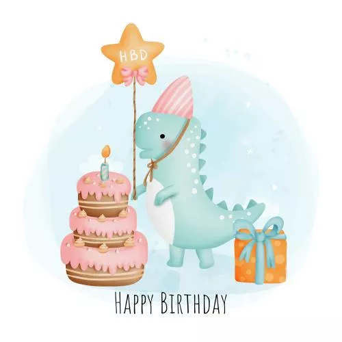 وکتور EPS لایه باز آبرنگی و بچه گانه تبریک تولد شامل دایناسور و کیک تولد و جعبه هدیه 21807