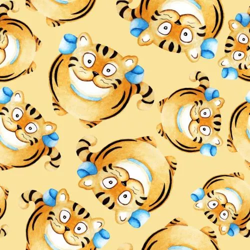 وکتور آبرنگی کودکانه تکرار پذیر با چهره ببر بامزه بافت کودکان خلاق برای بسته بندی پارچه کاغذ دیواری  21822
