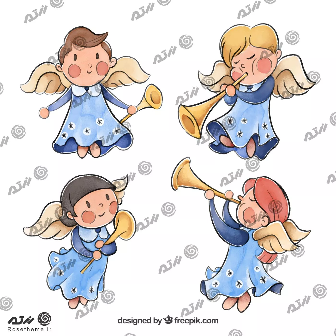 وکتور رایگان فرشته های کودکانه در حالت های مختلف درحال شیپور زدن به صورت لایه باز