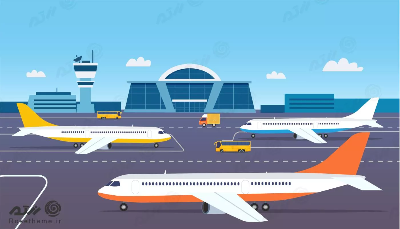 وکتور EPS لایه باز طرح گرافیکی چندین هواپیما و اتوبوس در فرودگاه و آسمان آبی  21914