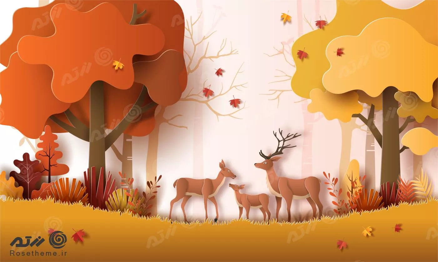 وکتور هنری پاییز به سبک کاغذی منظره پاییزی با خانواده آهوها در جنگل، درختان و برگ های زیبا پاییزی فایل EPS لایه باز 21943