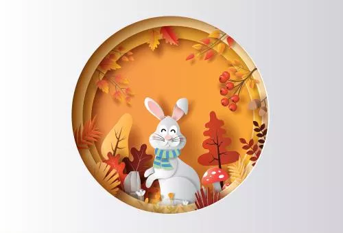 وکتور هنری پاییز به سبک کاغذی پس زمینه پاییزی با خرگوش در جنگل، گل ها و برگ های بسیار زیبا. 21944