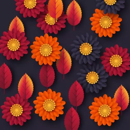 وکتور پس زمینه پاییزی گلدار با گل‌ها و برگ‌های سه بعدی کاغذی با رنگ های زرد و نارنجی و بنفش وکتور EPS لایه باز 21951