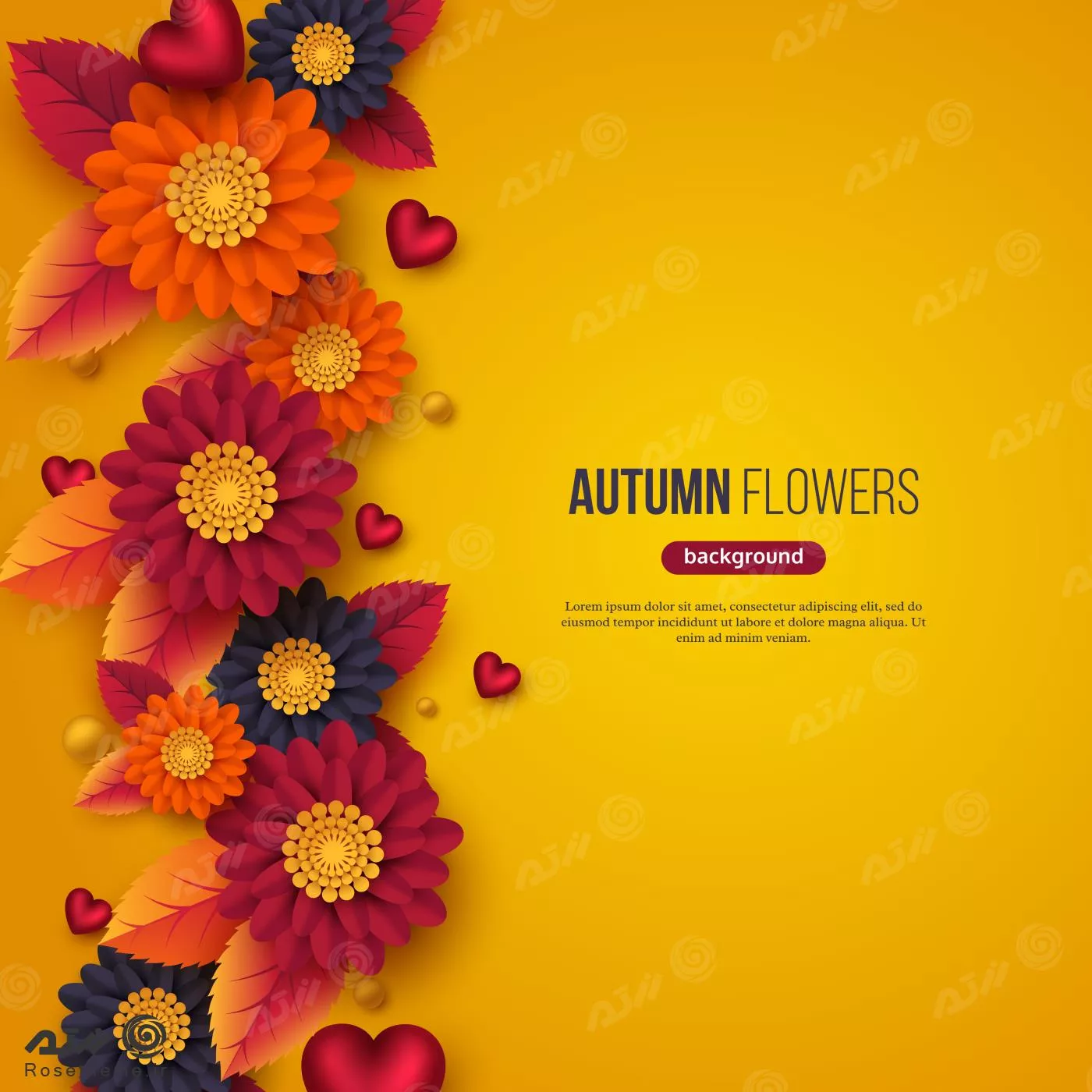 وکتور پس‌زمینه پاییزی گلدار با گل‌ها و برگ‌ها و قلب‌های تزئینی به سبک کاغذی سه بعدی رنگ های زرد و نارنجی و بنفش 21952