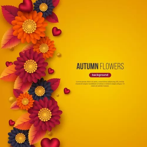 وکتور پس‌زمینه پاییزی گلدار با گل‌ها و برگ‌ها و قلب‌های تزئینی به سبک کاغذی سه بعدی رنگ های زرد و نارنجی و بنفش 21952