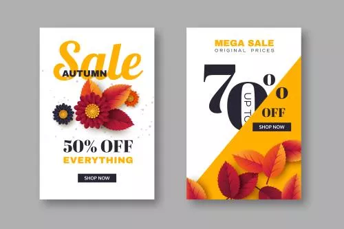 قالب تخفیف های فصل پاییز بنرهای فروش پاییزی با برگ ها و گل های سه بعدی نارنجی و زرد و قرمز و سفید وکتور EPS 21962