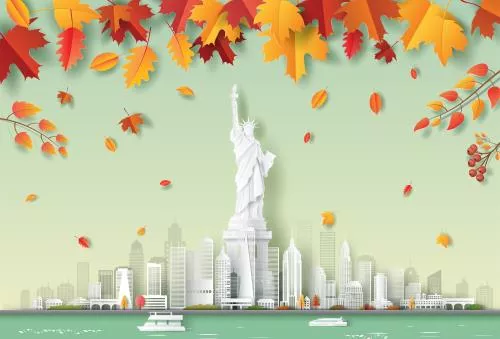 وکتور مجسمه آزادی و خط افق شهر نیویورک در ایالات متحده آمریکا چشم‌انداز زیبای پاییز در دسته سفر و گردشگری به سبک هنر کاغذی 21964