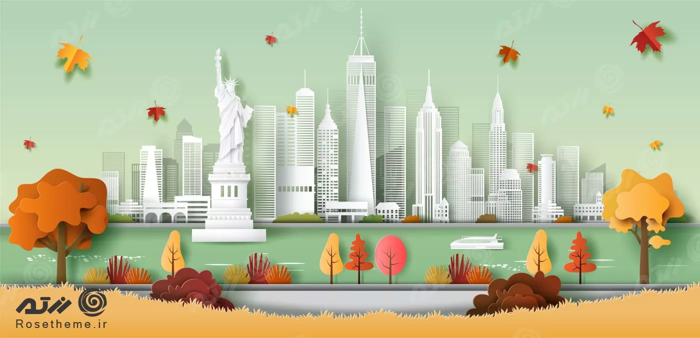 وکتور مجسمه آزادی و خط افق شهر نیویورک آمریکا طرح مفهومی سفر و گردشگری به سبک هنر کاغذی 21965