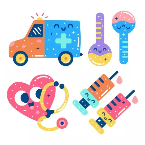 وکتور های پزشکی و بهداشتی براق کودکانه شامل آمبولانس و قلب و گوشی پزشکی و آمپول و تب سنج 24324