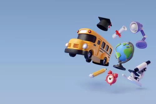 وکتور EPS لایه باز مناسب بازگشت به مدرسه شامل اتوبوس مدرسه و کلاه و ساعت و کره زمین و جا برای نوشتن 24335