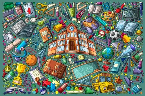 وکتور EPS لایه باز بازگشت به مدرسه شامل تمام لوازم تحریر و ساختمان مدرسه 24340